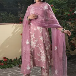 RangDeep Floral Printed Regular Thread Work Kurti with Trousers & With Dupatta image 1