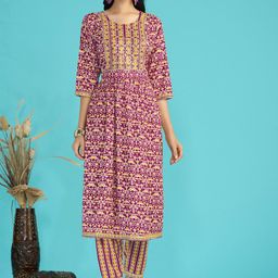 Sangria Ethnic Motif-Printed A-Line Kurta With Trouser image 1