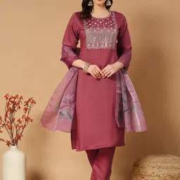 MORLY Women Ethnic Motifs Yoke Design Regular Thread Work Kurta with Trousers & With Dupatta image 1