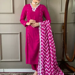 KALINI V-Neck Regular Thread Work Straight Kurta With Trousers & Dupatta image 1