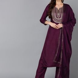 AHIKA Ethnic Motifs Yoke Design Regular Thread Work Kurta with Trousers & With Dupatta image 1