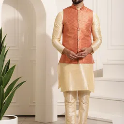 SOJANYA Mandarin Collar Kurta With Churidar & Self Design Nehru Jacket image 1