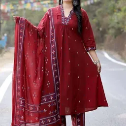KALINI Floral Embroidered Regular Thread Work A-Line Kurta With Palazzos & Dupatta image 1