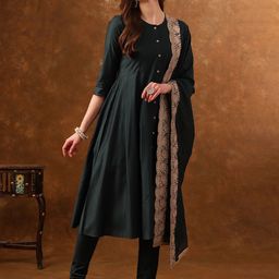 Anouk Green Round Neck A-Line Thread Work Kurta With Churidar & Dupatta image 1