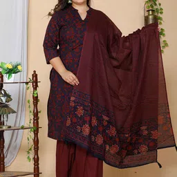 MIRAVAN Plus Size Ethnic Motifs Printed Pure Cotton Straight Kurta & Sharara With Dupatta image 1