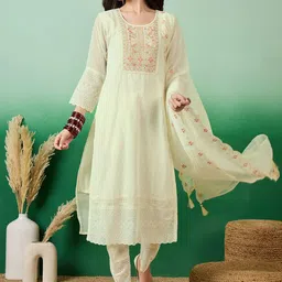 Sangria Embroidered Schiffli Work A-Line Kurta With Trouser & Dupatta image 2