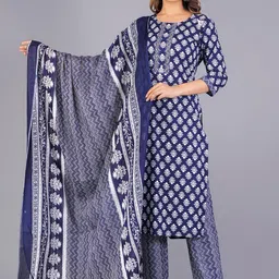 KALINI Ethnic Motifs Printed Regular Mirror Work Pure Cotton Kurta With Trousers & Dupatta-15