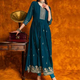 KALINI Ethnic Motifs Embroidered Thread Work Detailed A-Line Naira Cut Kurta with Trouser-image-2