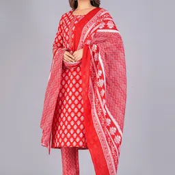 KALINI Ethnic Motifs Printed Regular Mirror Work Pure Cotton Kurta With Trousers & Dupatta-16
