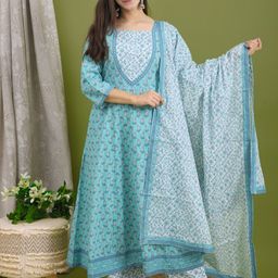 R RANAK CREATION Floral Printed Anarkali Beads and Stones Cotton Kurta Set With Dupatta-image-81