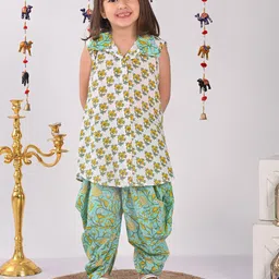 Sangria Girls Ethnic Motifs Printed Shirt Collar Pure Cotton Kurti & Dhoti Pant-image-86