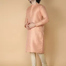 NAMASKAR Men Peach-Coloured Regular Pure Silk Kurta with Churidar-picture-34