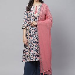 Biba Women Teal Blue & Beige Floral Printed Kurta with Palazzos & Dupatta-42