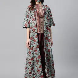 Biba Women Grey & Burgundy Striped Top with Dhoti Pants & Floral Ethnic Jacket-37