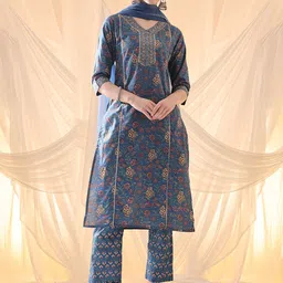 Anouk Floral Printed Regular Pure Cotton Kurta with Trousers & Dupatta-6