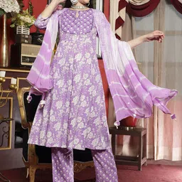 Sangria Floral Printed Keyhole Neck Mirror Work A Line Kurta With Trouser & Dupatta-14
