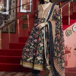 Sangria Floral Printed A Line Sequinned Pure Cotton Kurta With Trouser & Dupatta-5
