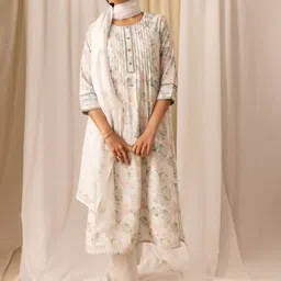 Ishin White Floral Printed Beads & Stones A-Line Kurta & Trousers With Dupatta-49