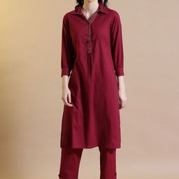 STYLEBAAZI Women Regular Thread Work Pure Cotton Kurta with Trousers-11