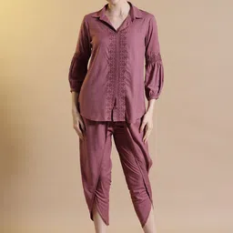 STYLEBAAZI Floral Embroidered Shirt Collar Top With Dhoti Pants-picture-18