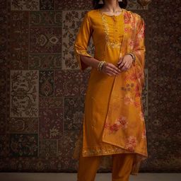 Indo Era Floral Embroidered Kurta with Trousers & With Dupatta-image-94