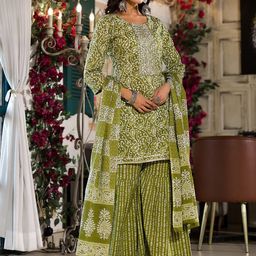 Yufta Olive Green Ethnic Printed Regular Sequinned Cotton Kurta With Sharara & Dupatta-picture-35