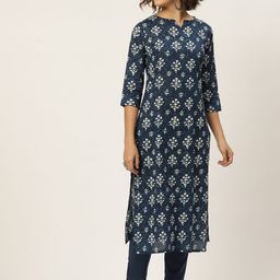 Anouk Women Navy Blue & White Ethnic Motifs Printed Pure Cotton Kurta with Trousers-picture-11
