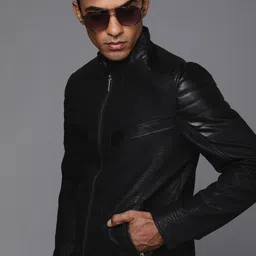 WROGN Men Black Solid Stand-Collar Smart Casual Leather Jacket-picture-11