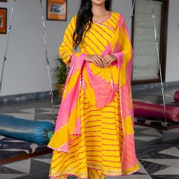 Jaipur Kurti Women Yellow & Pink Striped Angrakha Pure Cotton Kurta & Trousers & Dupatta-18