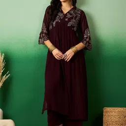 Sangria Brown Floral Embroidered V-Neck A-Line Kurta With Palazzo Set-picture-46