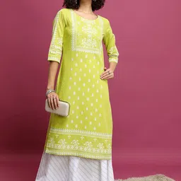 Vishudh Lime Green Ethnic Motifs Printed Round Neck Pure Cotton Kurta & Skirt-image-4