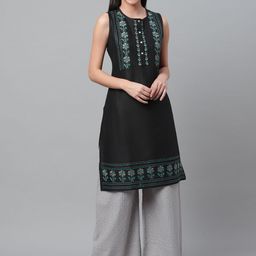 akheri Women Black & Charcoal Grey Chikankari Embroidered Straight Kurta-image-78