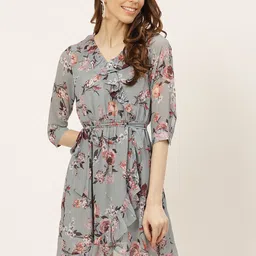 Off Label Women Grey & Pink Floral Print Wrap Dress-image-12