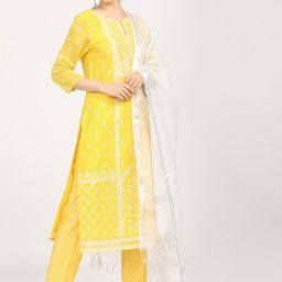 Vishudh Women Yellow & White Floral Printed Regular Kurta With Trousers & Dupatta-17