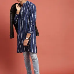 Taavi Men Blue Indigo Hand Block Print Straight Sustainable Kurta with Pockets-picture-5