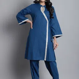 Kamayra Striped Angrakha Gotta Patti Pure Cotton Kurta With Salwar-34