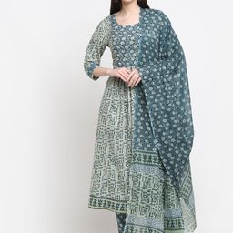 KALINI Women Grey Ethnic Motifs Printed Pleated Pure Cotton Kurta with Trousers & With Dupatta-20