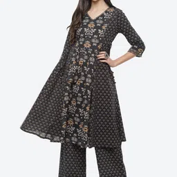 Biba Women Black Ethnic Motifs Printed Panelled Pure Cotton Kurta with Palazzos-image-97