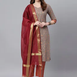 Idalia Women Grey Ethnic Motifs Printed Pure Cotton Kurta with Palazzos & Dupatta-16