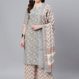 Idalia Women Grey Ethnic Motifs Printed Regular Pure Cotton Kurta with Palazzos & Dupatta-picture-26