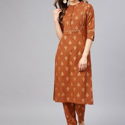 Idalia Women Rust & Gold Coloured Motifs Printed Gotta Patti Cotton Kurta with Trousers-image-52