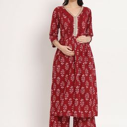 Aujjessa Floral Printed Pure Cotton Maternity Anarkali Kurta With Palazzos-image-77