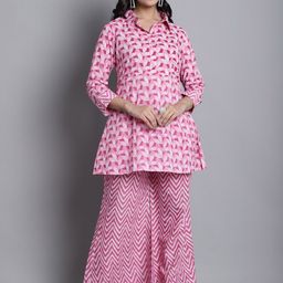 Kamayra Ethnic Motifs Printed Shirt Collar Pure Cotton Kurta with Palazzos-image-70