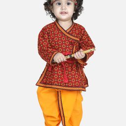 BownBee Boys Red & Yellow Floral Print Angrakha Janmasthami Pure Cotton Kurta & Dhoti Set-26