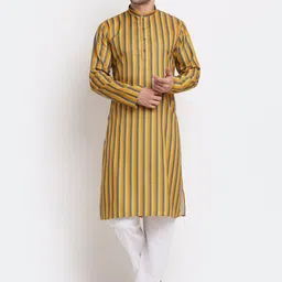 KRAFT INDIA Men Mustard Yellow Striped Regular Pure Cotton Kurta with Pyjamas-picture-4