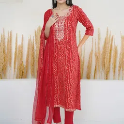KALINI Bandhani Printed Thread Work Straight Kurta with Trousers & Dupatta-21