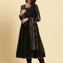 W Black Ethnic Motifs Embroidered Regular Sequinned Kurta with Trousers & With Dupatta-4