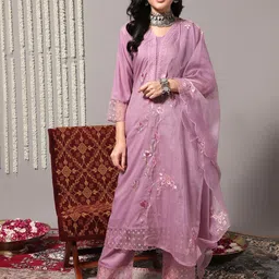 Varanga Floral Embroidered Thread Work Detail Straight Kurta & Trousers With Dupatta-4