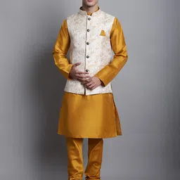 Armaan Ethnic Band Collar Long Sleeves Dupion Silk Kurta With Churidar & Nehru jacket-image-26