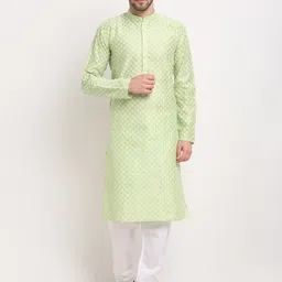 Jompers Men Green Ethnic Motifs Printed Regular Dupion Silk Kurta with Pyjamas-3